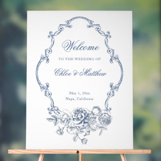 Panneau En Acrylique Mariage Cadre Floral Bleu Poussiéreux Élégant Clas