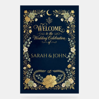 Panneau En Acrylique Mariage chic élégant floral bleu nuit de bienvenue