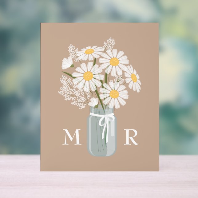 Panneau En Acrylique Mariage Daisées Mason Jar Monogramme initial Beige (Neutre)