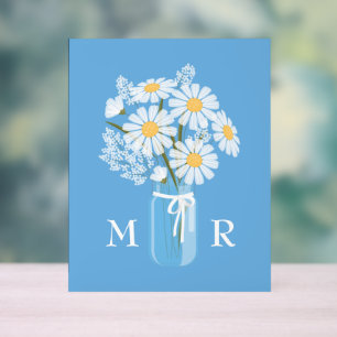 Panneau En Acrylique Mariage Daisées Mason Jar Monogramme initial bleu