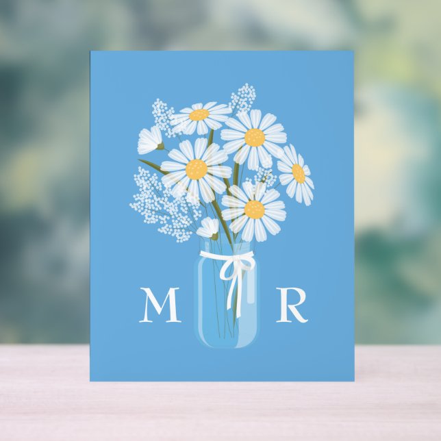 Panneau En Acrylique Mariage Daisées Mason Jar Monogramme initial bleu (Neutre)