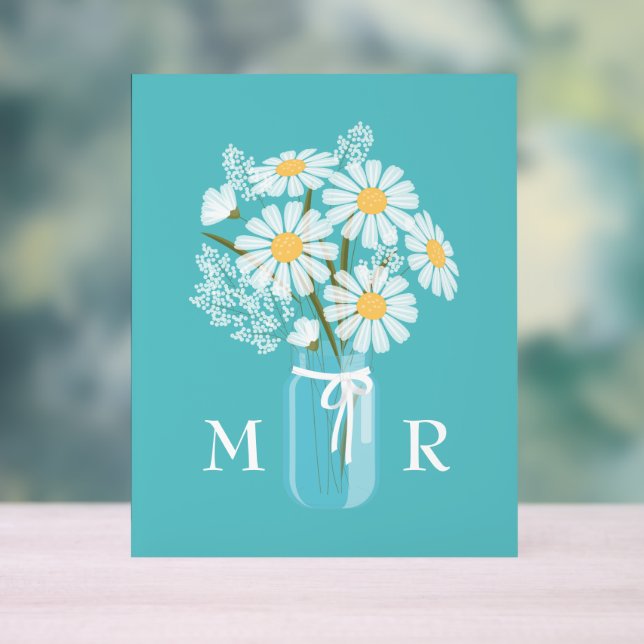 Panneau En Acrylique Mariage Daisies Mason Jar Monogramme initial Turqu (Neutre)