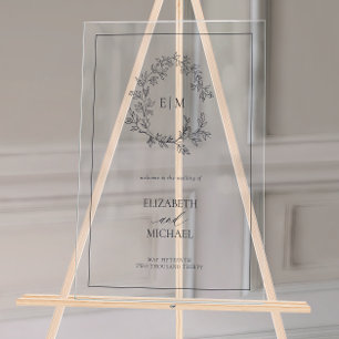 Panneau En Acrylique Mariage de bienvenue de la Marine Blue Leafy Crest