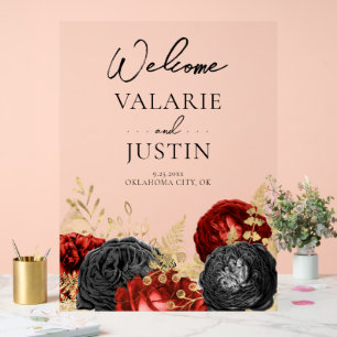 Panneau En Acrylique Mariage de bienvenue gothique rouge et noir
