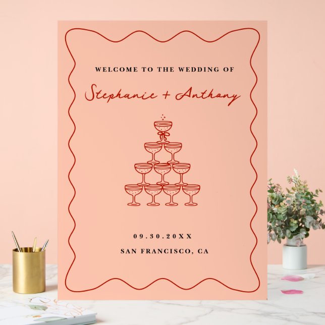 Panneau En Acrylique Mariage de Champagne de Corail et Cerise Rouge (Mariage)