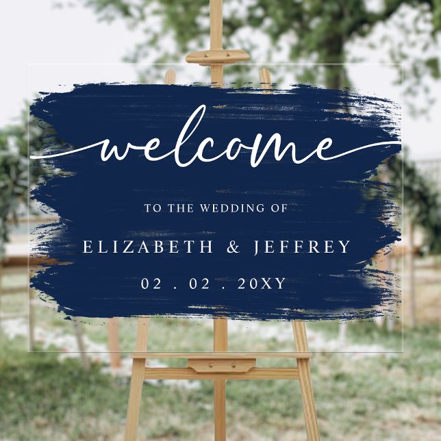 Panneau En Acrylique Mariage de la marine moderne - Brush Strots Welcom (Modern Navy Brush Strokes Wedding Welcome Acrylic Sign
)