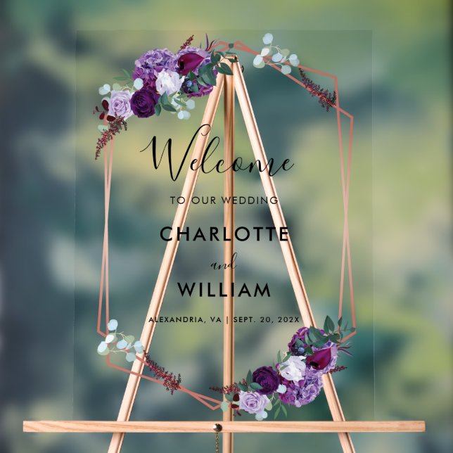 Panneau En Acrylique Mariage de script floral violet Bienvenue (Neutre)