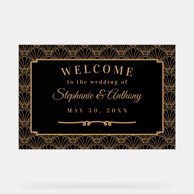 Panneau En Acrylique Mariage de ventilateur Art déco noir et or (Recto)