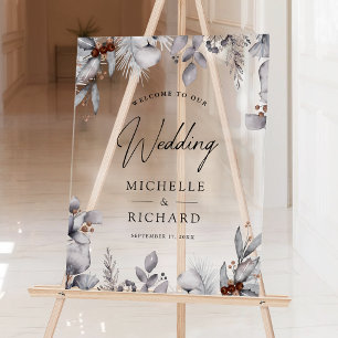 Panneau En Acrylique Mariage d'hiver bienvenue feuilles aquarelle