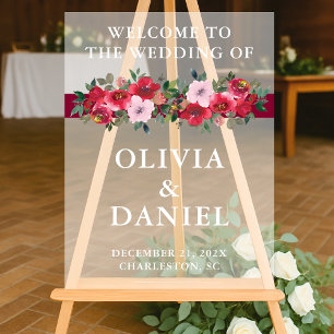 Panneau En Acrylique Mariage d'hiver floral de Bourgogne Bienvenue Fros