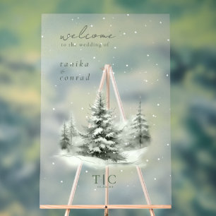 Panneau En Acrylique Mariage d'hiver rustique Bienvenue Forêt verte ID1