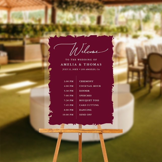 Panneau En Acrylique Mariage élégant Bourgogne Bienvenue et chronologie (Welcome your guests with our elegant acrylic sign that greets them and displays your event timeline.)