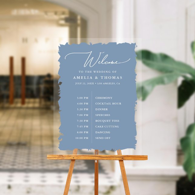Panneau En Acrylique Mariage élégant Dusty Blue Bienvenue et chronologi (Welcome your guests with our elegant acrylic sign that greets them and displays your event timeline.)