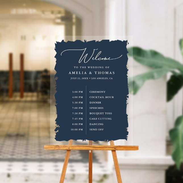 Panneau En Acrylique Mariage élégant Marine Bleu Bienvenue et chronolog (Welcome your guests with our elegant acrylic sign that greets them and displays your event timeline.)