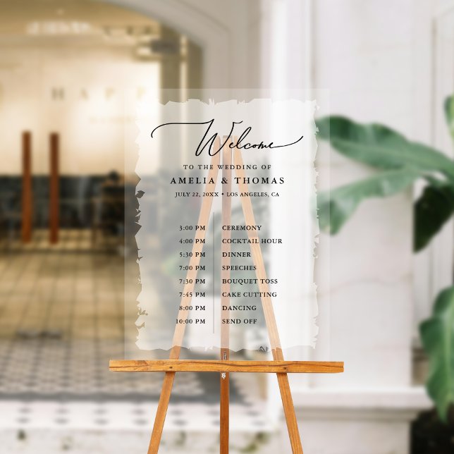 Panneau En Acrylique Mariage élégant Noir | White Welcome and Timeline (Welcome your guests with our elegant acrylic sign that greets them and displays your event timeline.)