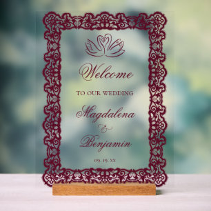 Panneau En Acrylique Mariage Élégant Vintage Cygnes Burgundy Cadre en D