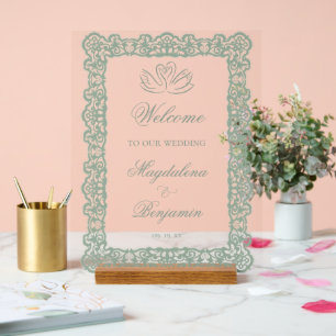 Panneau En Acrylique Mariage Élégant Vintage Lace Cygnes Vert Sauge