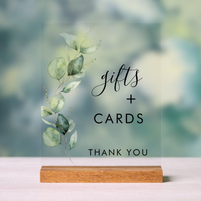 Panneau En Acrylique Mariage Eucalyptus Green Script Cadeaux et Cartes (Neutre)