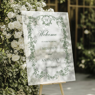 Panneau En Acrylique Mariage Fleuris Classique Vert Sauge Bienvenue à l