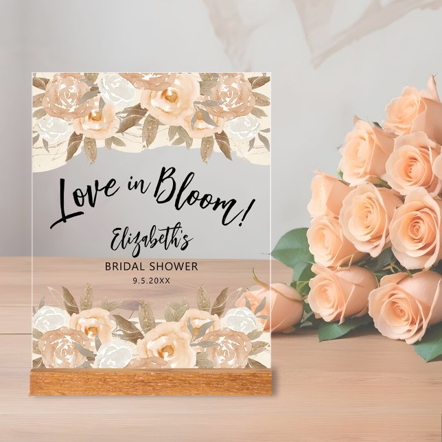 Panneau En Acrylique Mariage Fleurissant Fleurs de Pêcher Réception de  (Love in Bloom bridal shower clear acrylic sign accented with rustic peach flowers and leaves)