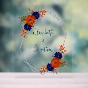 Panneau En Acrylique Mariage Floral Automnal Rustique Orange Bleu Marin