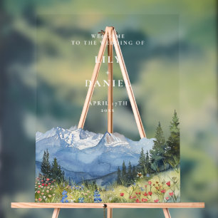 Panneau En Acrylique Mariage Floral de la Montagne Aquarelle Bienvenue