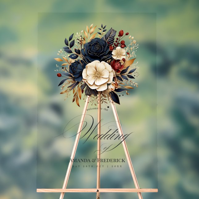 Panneau En Acrylique Mariage Floral Gold, Navy et Bourgogne Bienvenue (Neutre)