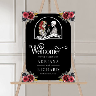 Panneau En Acrylique Mariage gothique Squelette Roses rouges noires Bie