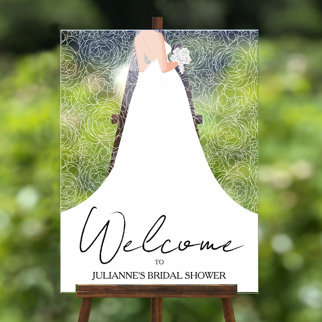 Panneau En Acrylique Mariage Gown et Fête des mariées Rose (Bride in her wedding gown with white rose pattern background  bridal shower acrylic welcome sign)
