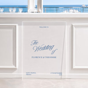 Panneau En Acrylique Mariage Moderne Bleu et Blanc de Bienvenue