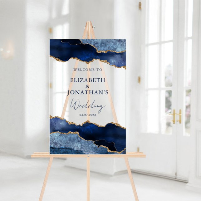 Panneau En Acrylique Mariage Moderne Bleu Nuit Faux Or de Bienvenue (Modern Navy Blue Faux Gold Wedding Welcome Acrylic Sign)