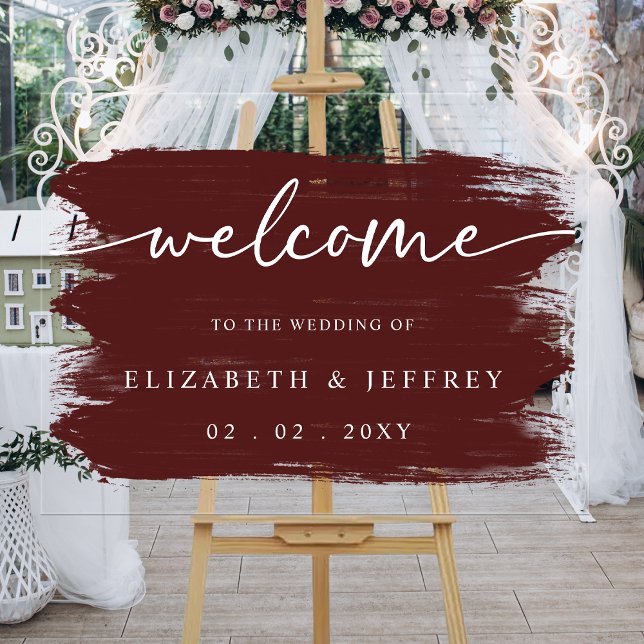 Panneau En Acrylique Mariage moderne Burgundy Brush Strots Welcome (Modern Burgundy Brush Strokes Wedding Welcome Acrylic Sign)