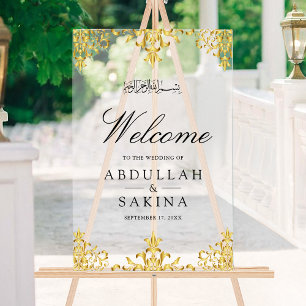 Panneau En Acrylique Mariage Musulman Damassé Doré Bienvenue givré