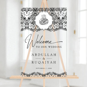 Panneau En Acrylique Mariage Musulman de Bienvenue en Dentelle Noire