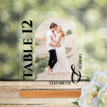 Panneau En Acrylique Mariage Numéro de table Arrondi Photo<br><div class="desc">Le magnifique panneau en acrylique clair de numéro de table comprend notre photo préférée,  le numéro de table et vos noms en lettres chic. MODIFIEZ LA TAILLE pour adapter votre événement et commander avec ou sans support en bois. CORRESPONDANCE d'objets dans notre collection.</div>
