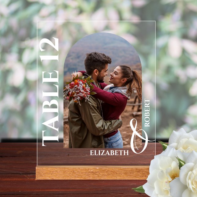 Panneau En Acrylique Mariage Numéro de table Arrondi Photo (Wedding table number arched photo clear acrylic tabletop sign)