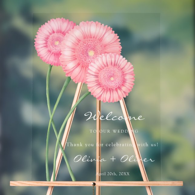 Panneau En Acrylique Mariage Peach Chrysanthemum Bienvenue (Neutre)