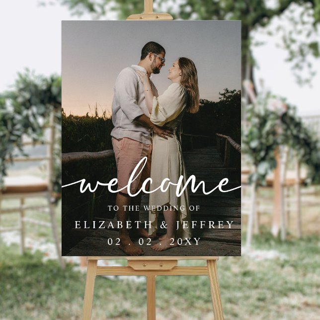 Panneau En Acrylique Mariage photo blanc de script moderne Bienvenue (Modern Script White Photo Wedding Welcome Acrylic Sign)