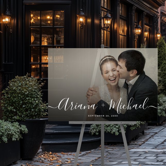 Panneau En Acrylique Mariage photo de script moderne semi-transparent (Unique wedding acrylic semi transparent photo sign with modern script elegant names)