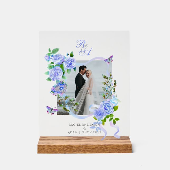 Panneau En Acrylique Mariage photo Rose bleu ruban (Recto)