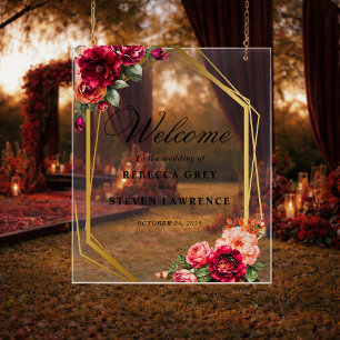 Panneau En Acrylique Mariage romantique élégant floral rouge noir d'hum