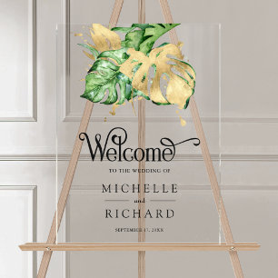 Panneau En Acrylique Mariage tropical de Monstera doré Bienvenue