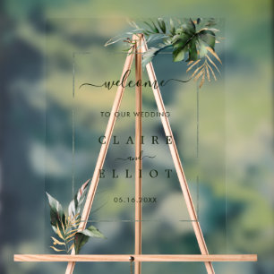 Panneau En Acrylique Mariage vert du feuillage tropical Bienvenue