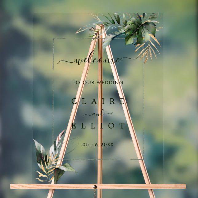 Panneau En Acrylique Mariage vert du feuillage tropical Bienvenue (Neutre)