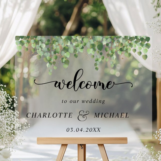 Panneau En Acrylique Mariages de l'eucalyptus (Eucalyptus Weddings Acrylic "Welcome" Sign, white transparent, with your names & date.)