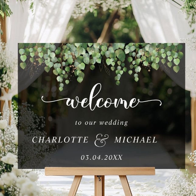 Panneau En Acrylique Mariages de l'eucalyptus (Eucalyptus Weddings Acrylic "Welcome" Sign, black transparent, with your names & date.)