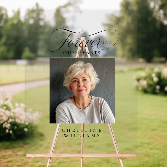 Panneau En Acrylique Mémorial "À jamais dans nos cœurs", Nom, Photo ("Forever in our Hearts" In loving, Memory! Modern, elegant, script font, with photo and name.)