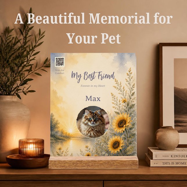 Panneau En Acrylique Mémorial d'animal de compagnie avec photo et code  (Personalized pet memorial with photo and Spotify QR code linking to a comforting grief playlist.)