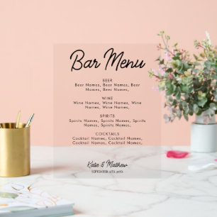 Panneau En Acrylique Menu Bar Boissons Alcool Mariage Minimaliste