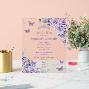 Panneau En Acrylique Menu Boisson de Quinceanera Floral Lavender Violet